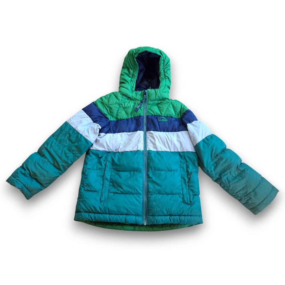 L.L. Bean Fleece Lined Hooded Puffer Down Jacket Colorblock Blue Green Boys 6-7